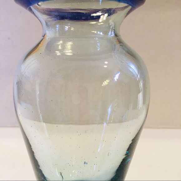 Green Tint Cobalt Blue Rim Bubbled Blown Art Glass Bud Vase - Picture 6 of 16